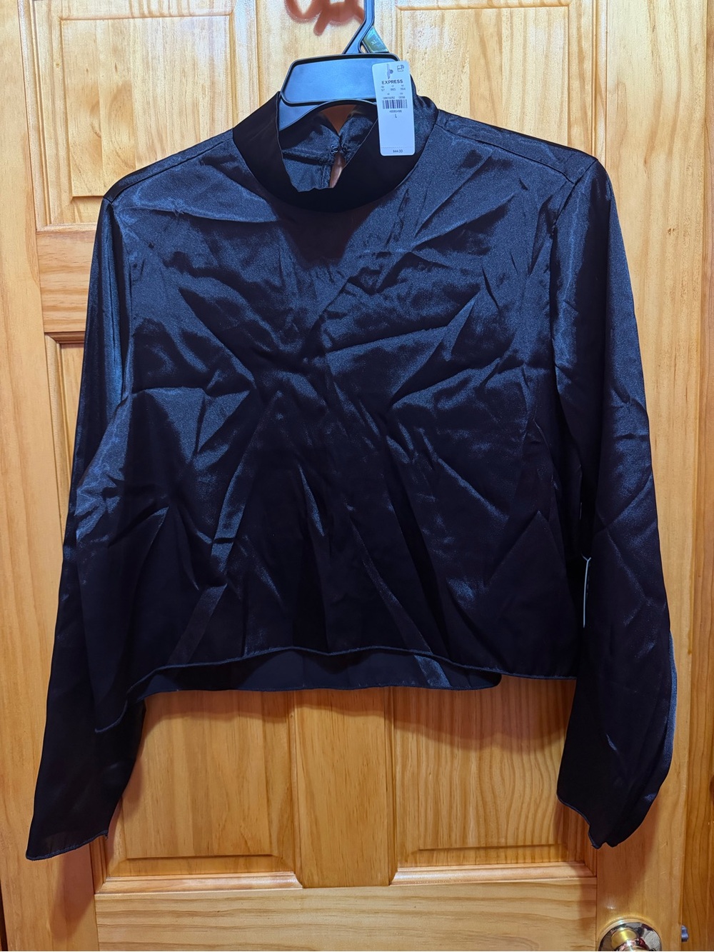 Express Black Satin Mock-Neck Long Sleeve Blouse